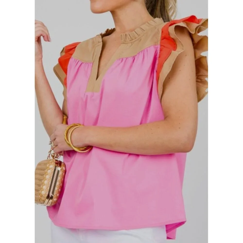 NWT Voy Kendra Colorblock Poplin Ruffle Sleeve Top In Pink~Khaki~Orange ~ SMALL - Picture 6 of 9